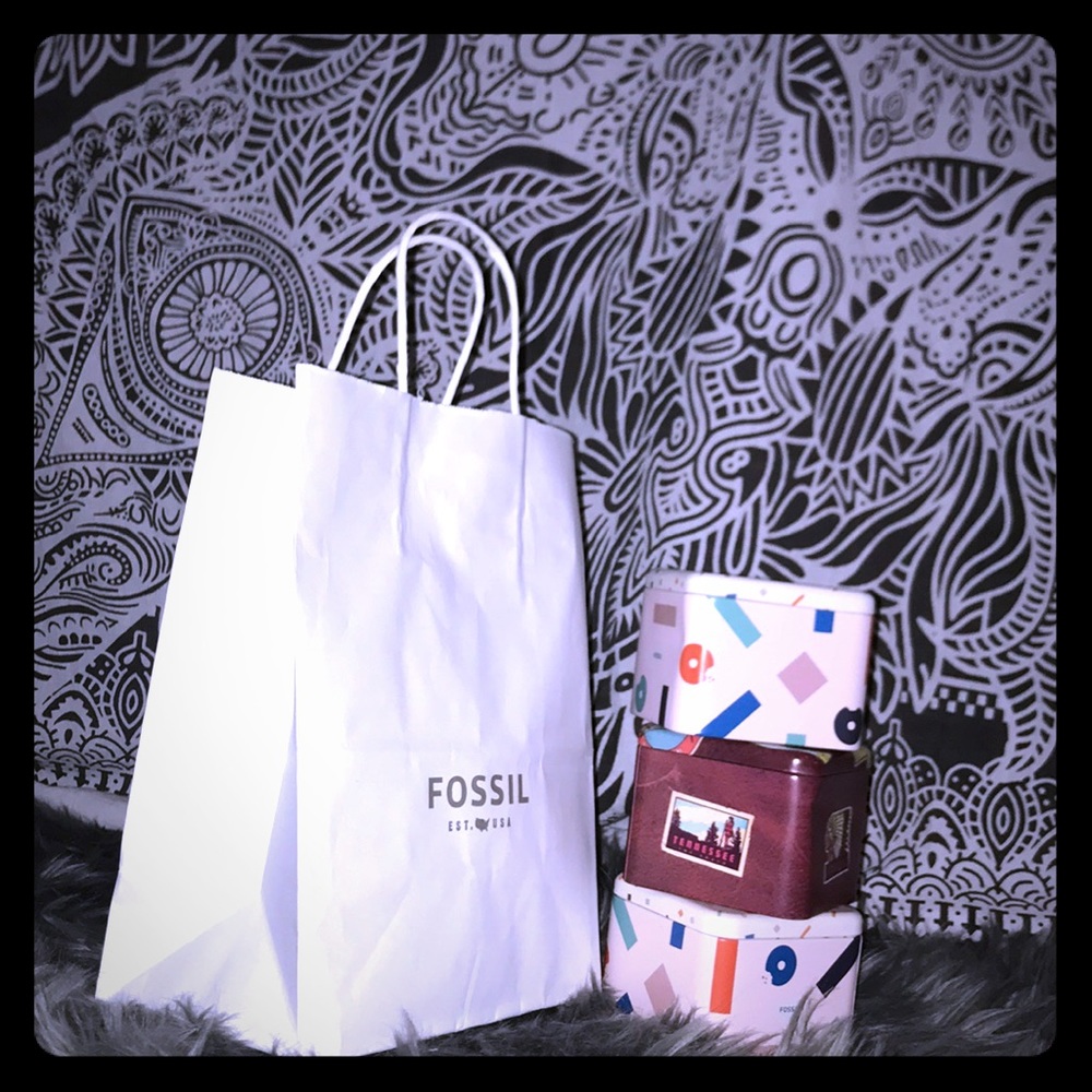 Fossil paper bag & 3 Tin fossil watch containers.